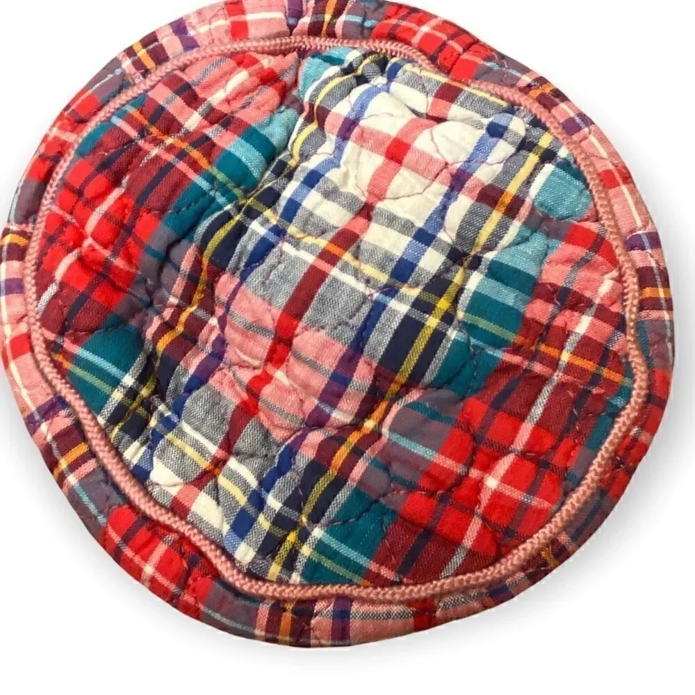 Morrillcraft blue and red circular madras plaid zippered bag -make up CDs misc